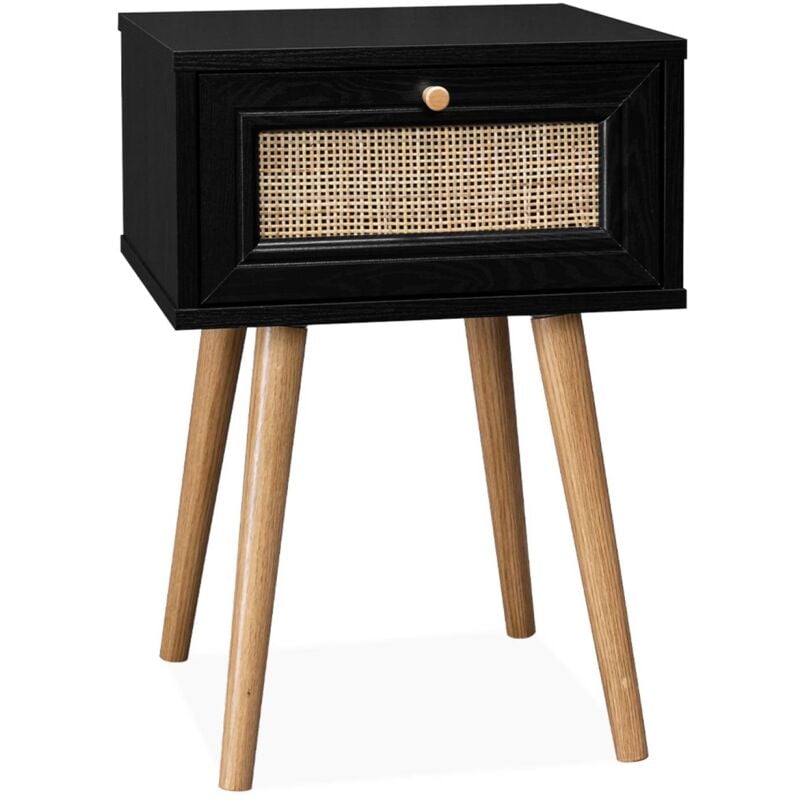 Table de chevet effet bois & cannage avec 1 tiroir - coloris noir - Bohème