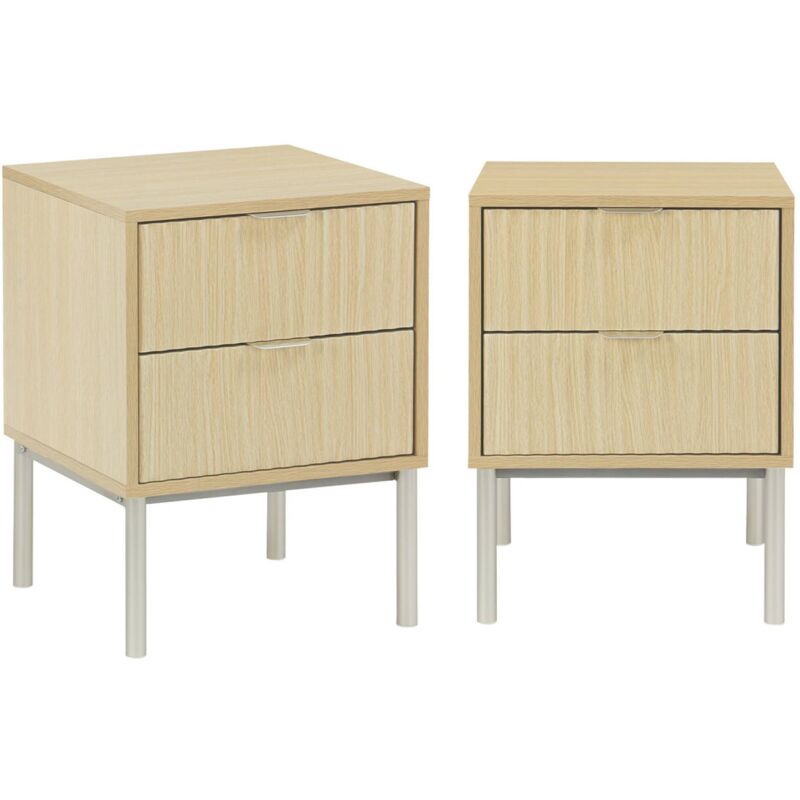 Lot de 2 tables de chevet effet bois rainuré et métal. pieds métal champagne. 2 tiroirs