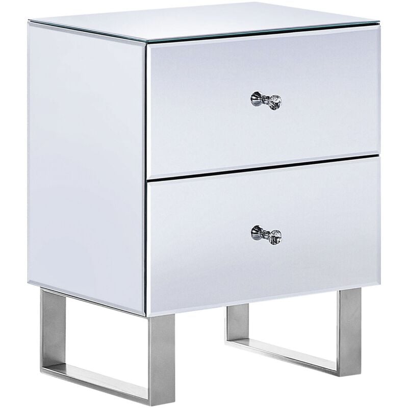 Table de Chevet en Verre Miroiravec 2 Tiroirs Pratiques et Pieds en Métal Idéale pour Chambre au Style Glamour et Moderne Beliani