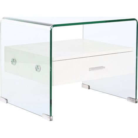 Table de chevet élégante en verre effet bois blanc - Blanc translucide effet bois