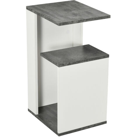 Table de chevet en aggloméré au design irrégulier avec étagère ouverte, 35 x 29,5 x 60 cm, gris et blanc