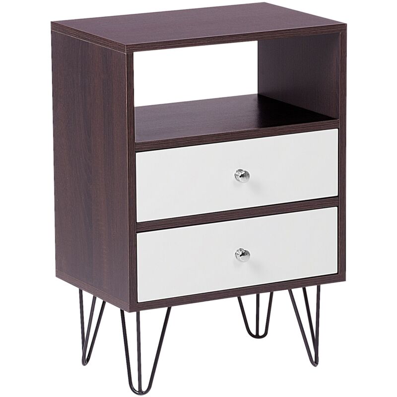 Beliani - Table de Chevet au design Industriel composé d'un Corps en Bois Marron Foncé et de 2 Tiroirs Blancs avec Poignées Métalliques