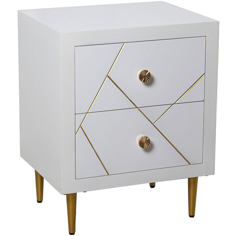 Table de chevet en bois blanc avec 2 tiroirs, pieds en métal doré 50X40X63 Cm