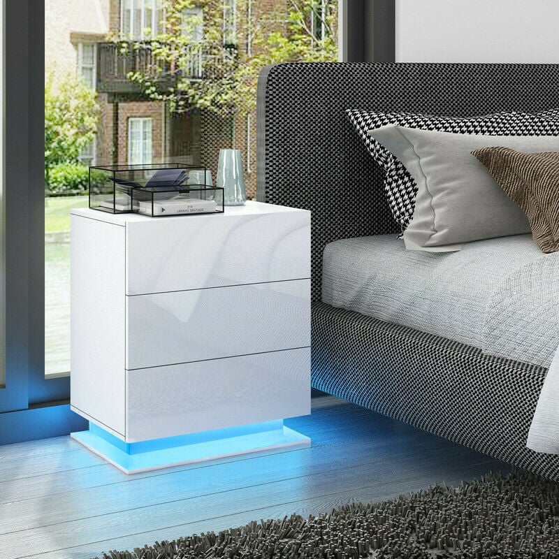 Table de Chevet en Bois Brillant avec 3 tiroirs et LED, 50x35x60cm, Blanc