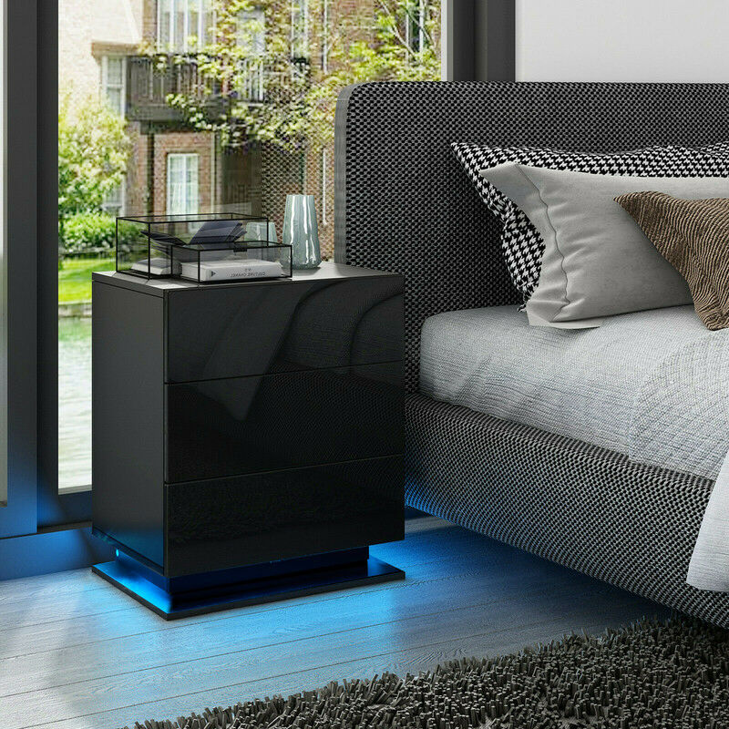 Table de Chevet en Bois Brillant avec 3 tiroirs et led, 50x35x60cm, Noir
