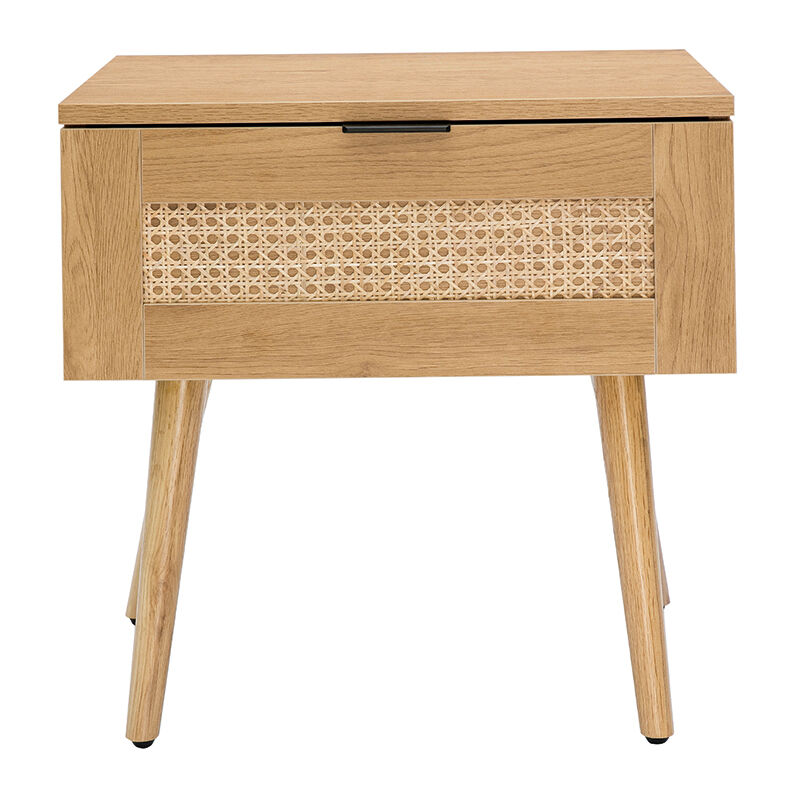 Table de chevet finition bois clair, cannage rotin et métal noir L50 cm MANILLE
