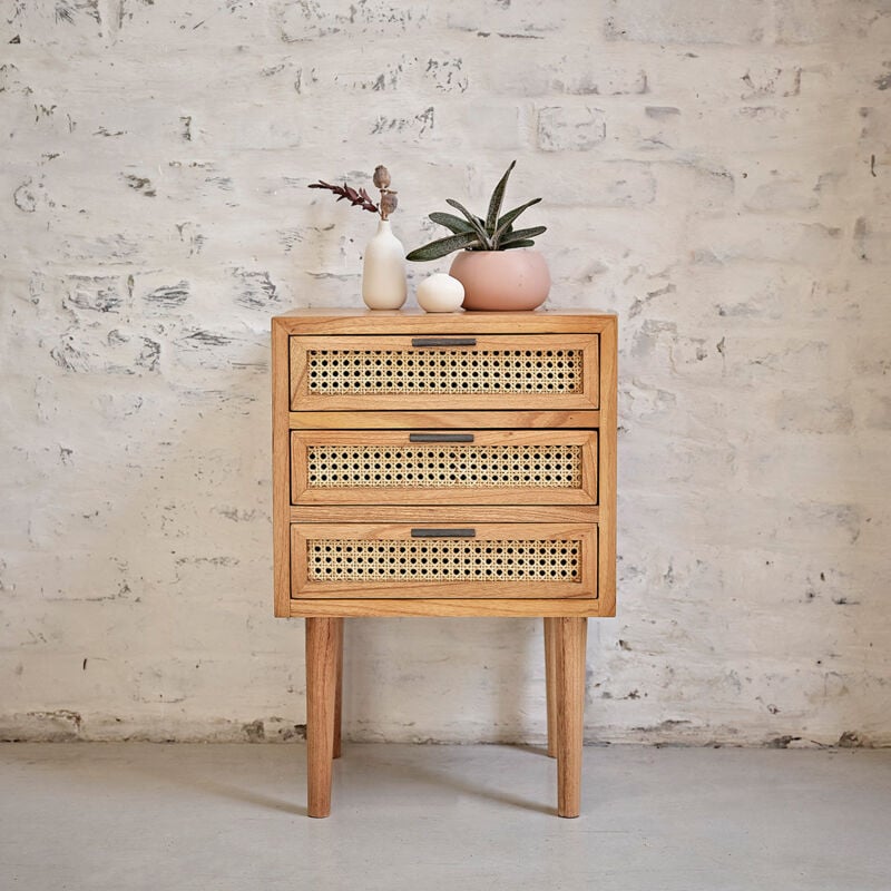 Table de chevet en mindi massif et cannage