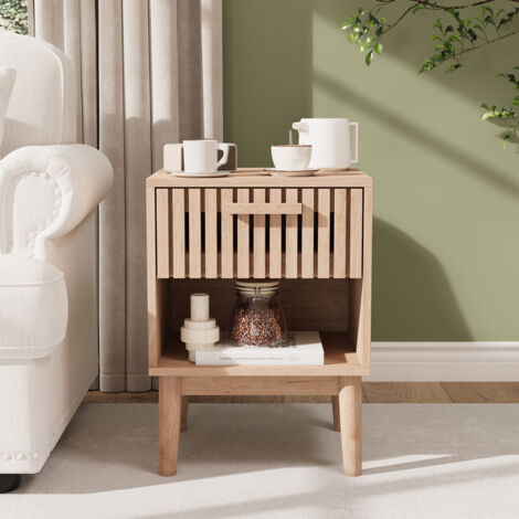 Table de chevet en bois massif 40x35x55 cm, meuble de chevet avec tiroir et rangement ouvert, design à lamelles respirantes, pour chambre à coucher, salon