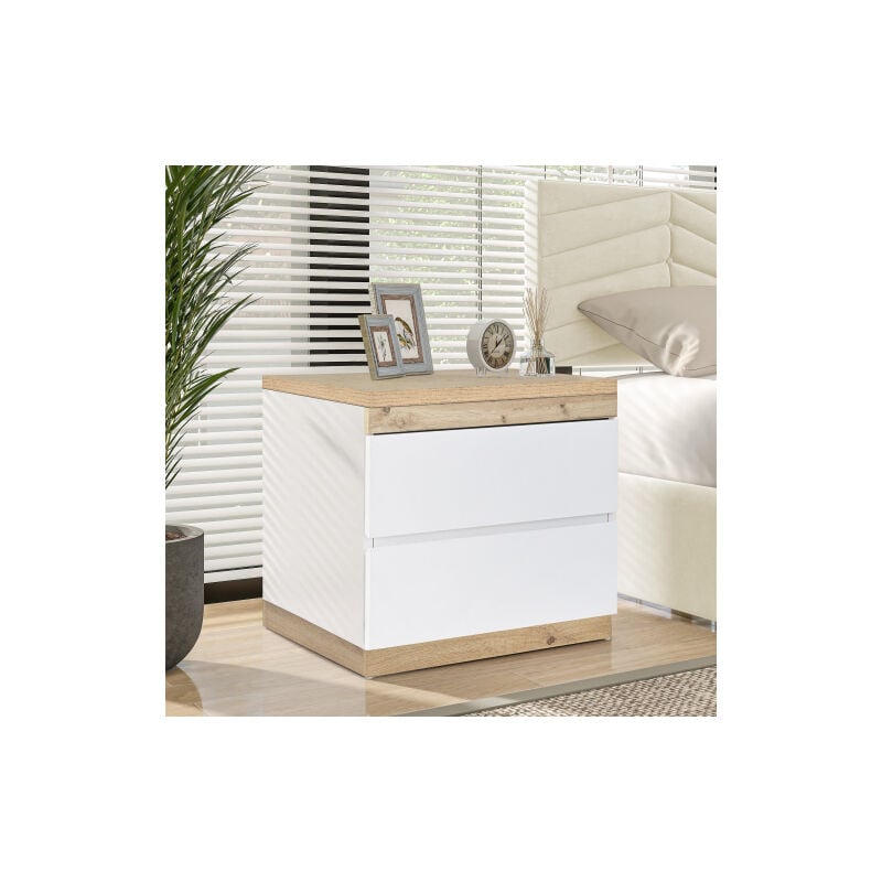 Table de chevet blanc et bois avec 2 tiroirs, pour chambre