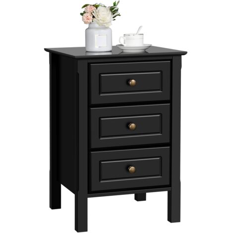 Table de chevet en bois noir 40 x 40 x 60 cm – 3 tiroirs avec glissières – Finition peinture pulvérisée – Élégante et stable