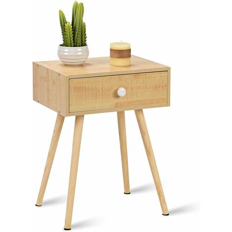 Table de chevet en bois scandinave laqué satiné avec tiroir coloris nature 40x30x54.5cm