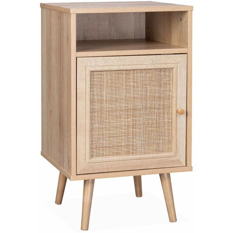 Table de chevet en cannage coloris naturel - Bohème - 40x39x70cm. naturel - 2 niveaux - 1 porte - 1 espace de rangement - pieds scandinaves