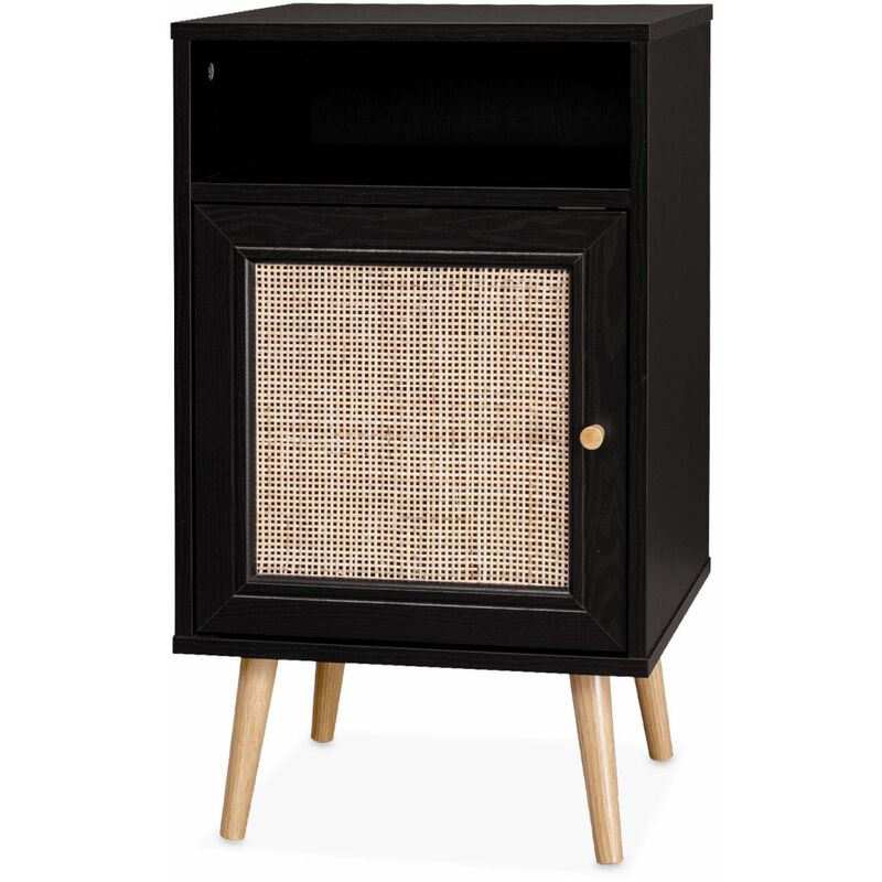 Table de chevet noire en cannage - Bohème - 40x39x70cm. noir - 2 niveaux - 1 porte - 1 espace de rangement - pieds scandinaves