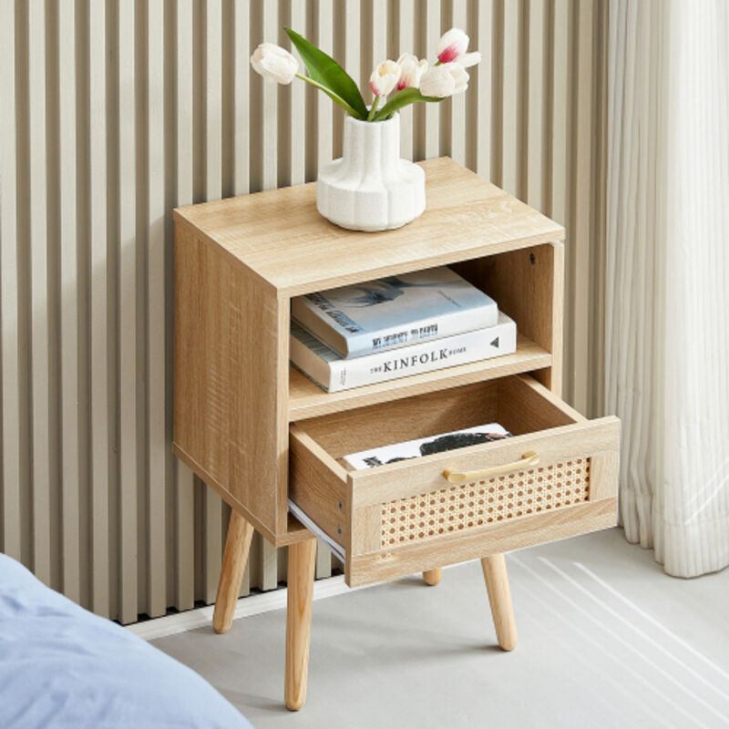 Table de chevet en rotin 55x40x30 cm, table d'appoint avec tiroir, pieds en bois massif, aspect bois naturel, pour salon, chambre