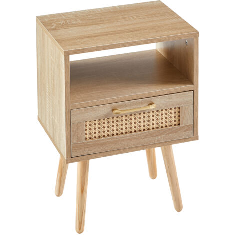 Table de chevet en rotin moderne H55xL40xP30 cm - 1 tiroir - Pieds bois massif - Naturel - Pour chambre, salon, bureau - Déco bohème chic