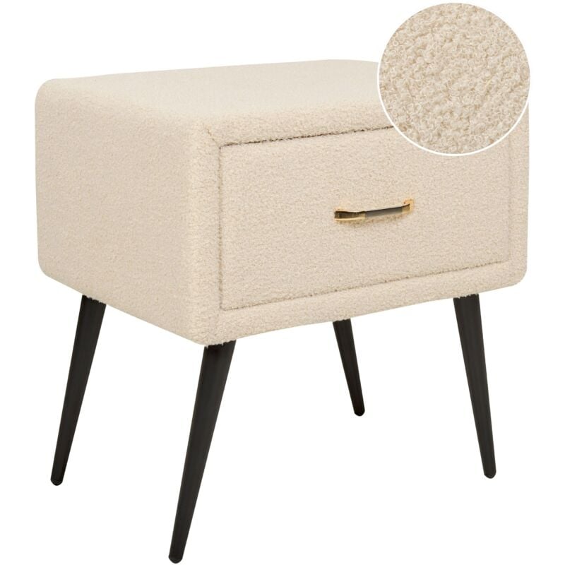Table de Chevet en Tissu Bouclé Beige et Métal Noir 1 Tiroir Pratique Elégant Flayat