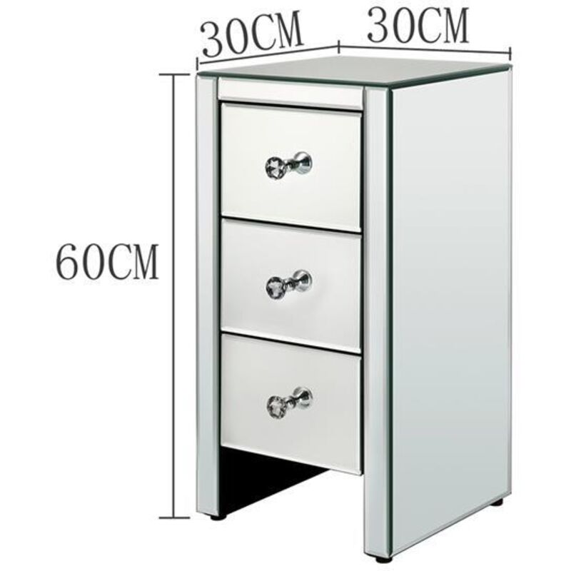 Table de chevet en verre miroir avec trois tiroirs Taille s