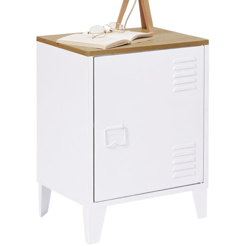 Table de chevet ester 1 porte métal blanc plateau façon hêtre design industriel