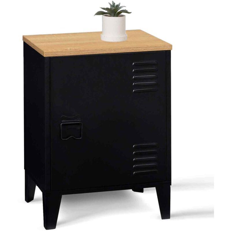 Table de chevet ester 1 porte métal noir plateau façon hêtre design industriel