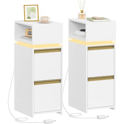 Table de Chevet Étroite, Lot de 2,avec Lumière LED,avec 2 Tiroirs