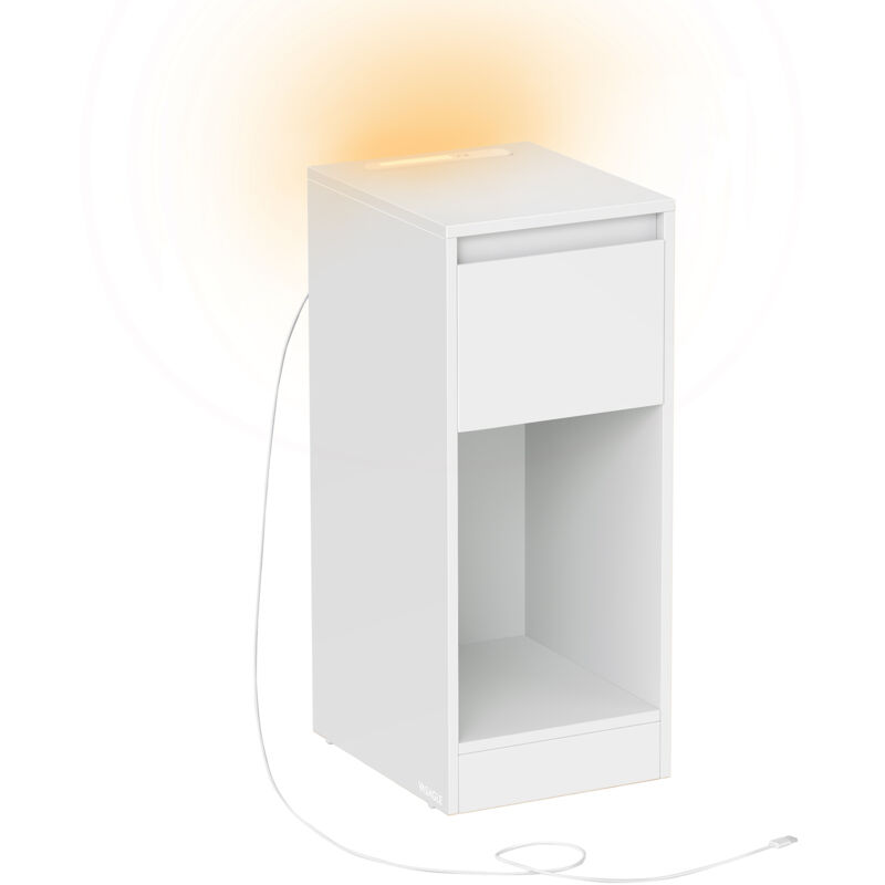 Table de Chevet Étroite, Table d’Appoint, avec Éclairage LED, 1 Port USB-A, 1 Port USB-C, Tiroir et Compartiment Ouvert, pour Chambre, Salon, Blanc
