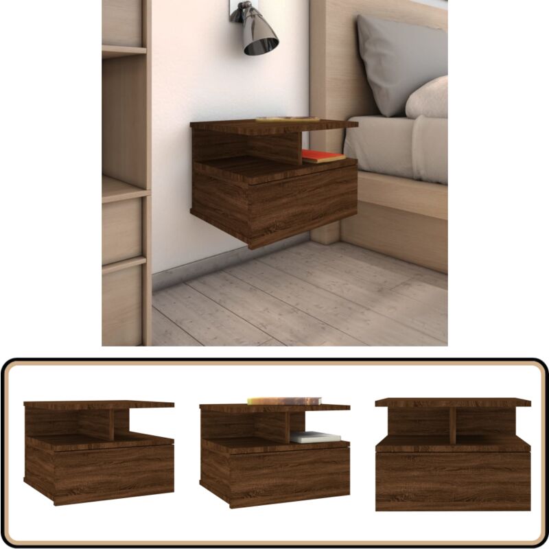 Table de chevet flottante Chêne marron Bois d'ingénierie - Table De Chevet - Meuble De Chambre - Table De Nuit - Table Murale - Rangement Minimaliste
