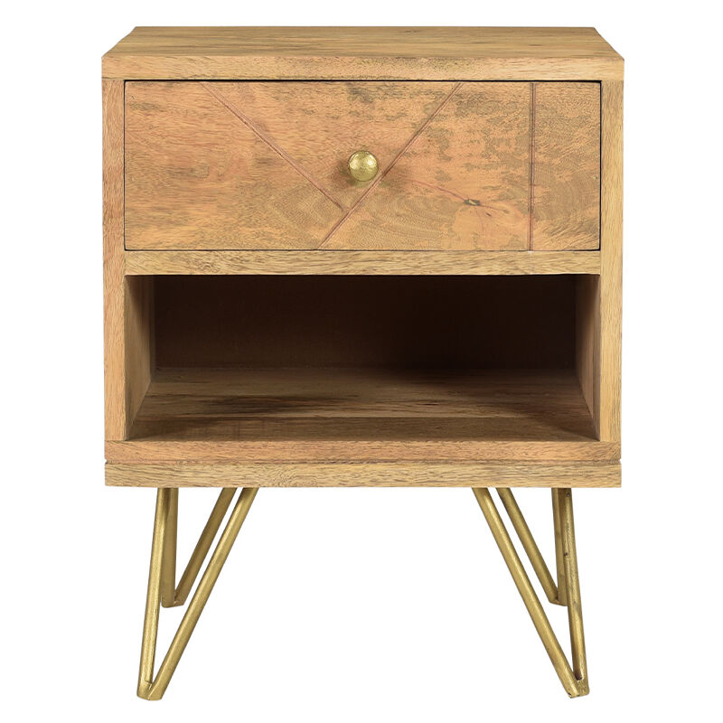 Miliboo - Table de chevet avec rangements bois manguier massif gravé et métal doré L40 cm linium