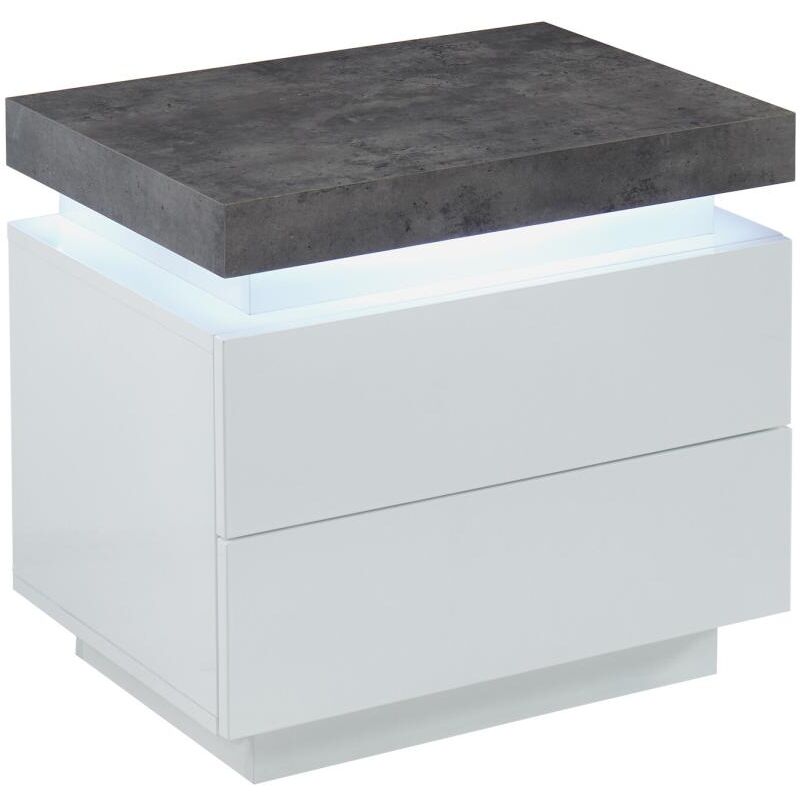 Table de chevet - 2 tiroirs - MDF Laqué - Avec LEDs - Coloris : Blanc et béton - HALO II