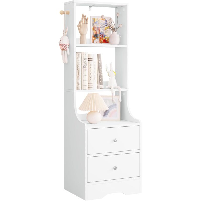 Table de Chevet Haute avec 2 Tiroirs Woltu 3 Étagères Ouvertes, 1 Crochet, 37x30x114cm, Bibliothèque Étagère Rangement, Table d'Appoint, Blanc