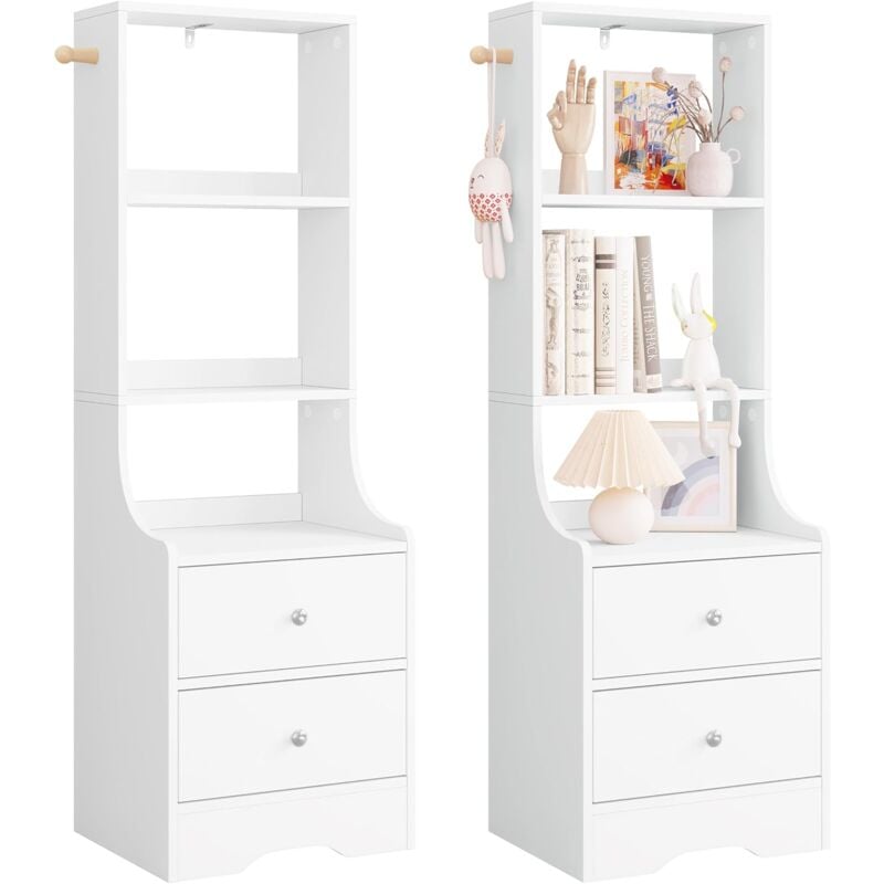 Woltu - Lot de 2 Table de Chevet Haute avec 2 Tiroirs 3 Étagères Ouvertes, 1 Crochet, 37x30x114cm, Bibliothèque Étagère Rangement, Table d'Appoint,