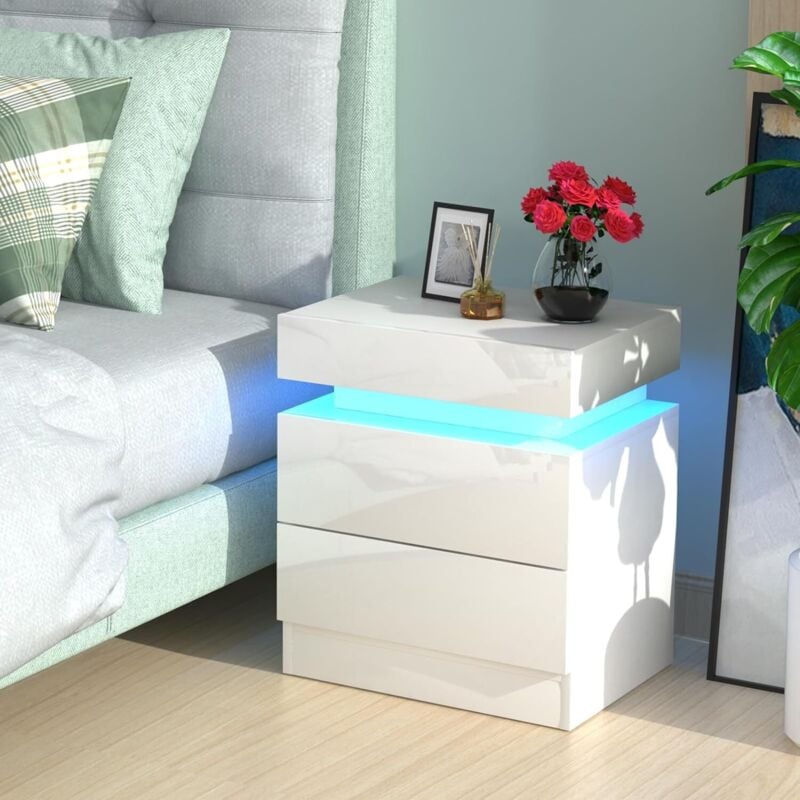 Table de chevet Haute Brillance avec LED Lumières,Armoire Commode 2 Tiroirs Table de Nuit Meuble de chambre - 45x35x52cm,Blanc