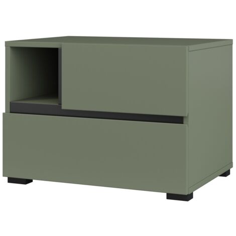 Table de chevet HAVANA – 2 tiroirs et 1 niche – Coloris vert sauge et noir – Design compact et élégant