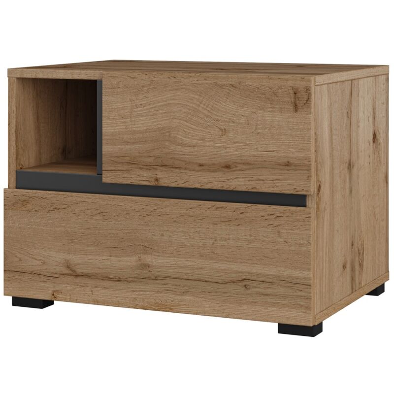 Meublorama - Table de chevet havana chêne et noir – 2 tiroirs et 1 niche – Style naturel et rangement pratique