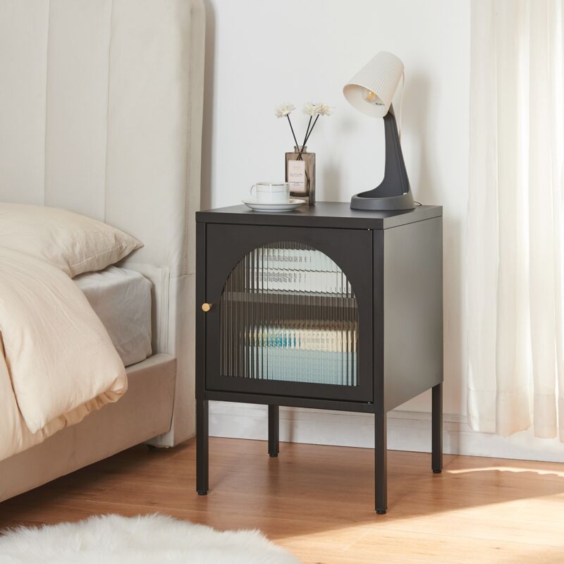 Table de chevet Karlskrona acier verre strié 60 x 43 x 40 cm noir mat [en.casa]