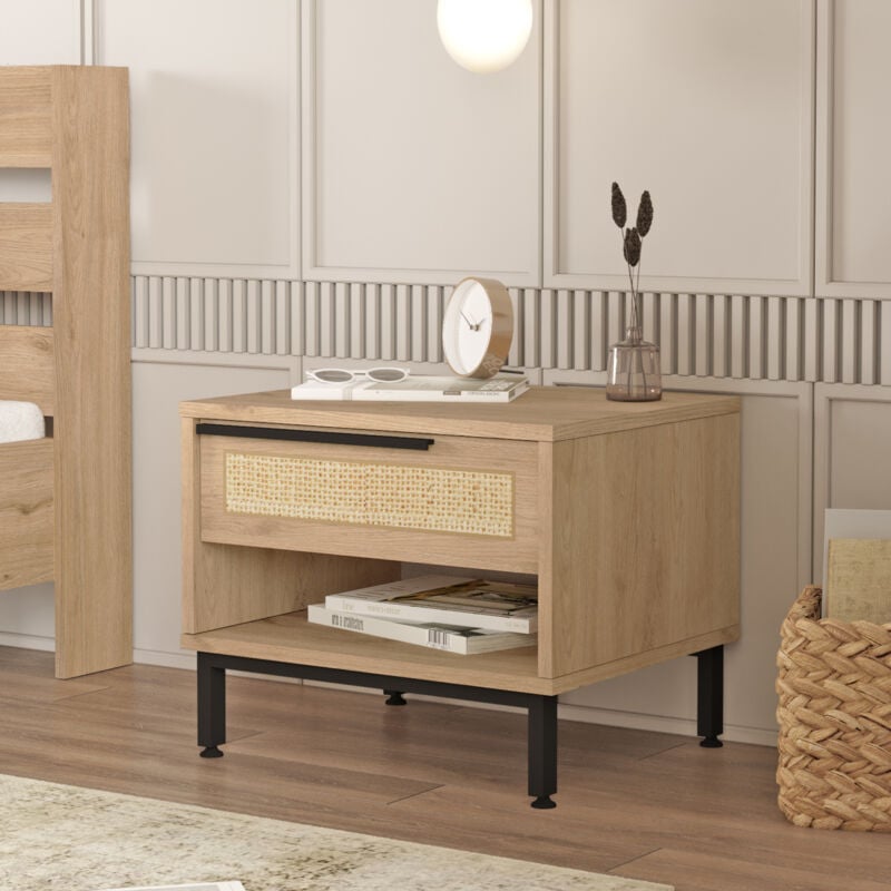 Table de chevet Kvænangen 43 x 54 x 45 cm effet chêne aspect rotin noir [en.casa]