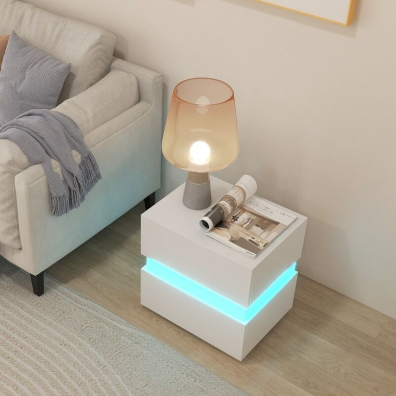 Table de Chevet led 2 Tiroir Table de Nuit Lumineuse Télécommandée 45x35x45cm Blanc CW21268
