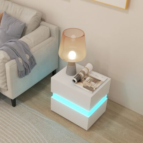 Table de Chevet LED 2 Tiroir Table de Nuit Lumineuse Télécommandée 45x35x45cm Blanc CW3064 DESIGN IN