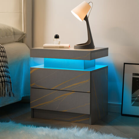 Table de chevet LED 2 tiroirs et niche, meuble bas de rangement pour chambre, bois d’ingénierie, gris mat