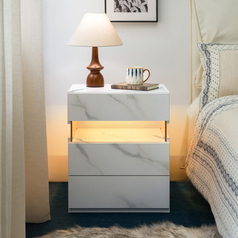 Table de chevet LED 3 tiroirs avec panneau acrylique, plateau bois, MDF – meuble de rangement pour chambre et salon, placage de marbre blanc