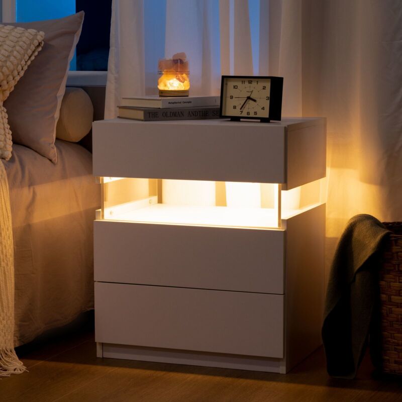 Cubehom Table de chevet LED à 3 tiroirs Table de chevet en acrylique pour chambre à coucher Salon , Blanc