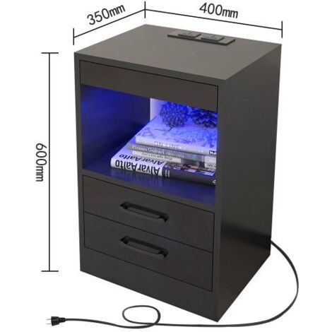Table de Chevet LED avec 2 Prises Électriques + 2 Ports USB – En MDF, 3 Tiroirs et Étagerie Ouverte – Design Moderne 40x35x60cm (Blanc/Noir)