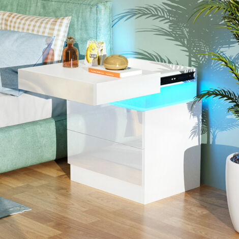 Table de Chevet LED avec 2 Tiroirs & Plateau Coulissant - 16 Coloris Personnalisables & Éclairage d'Ambiance, Panneau de Particules Résistant (45x35x52cm) - Design Multifonction Gain de Place pour Cha