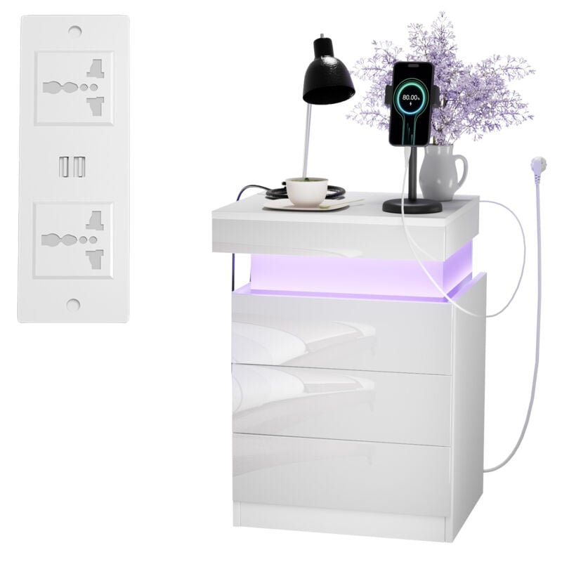 Table de Chevet LED avec 3 Tiroirs - 16 Coloris Personnalisables & Éclairage d'Ambiance, Panneau de Particules Résistant (45x40x67cm)