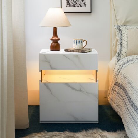 Table de chevet LED avec 3 tiroirs, commode d'appoint en pierre blanche et panneau acrylique pour chambre ou salon 50,03x37,08x59,94cm