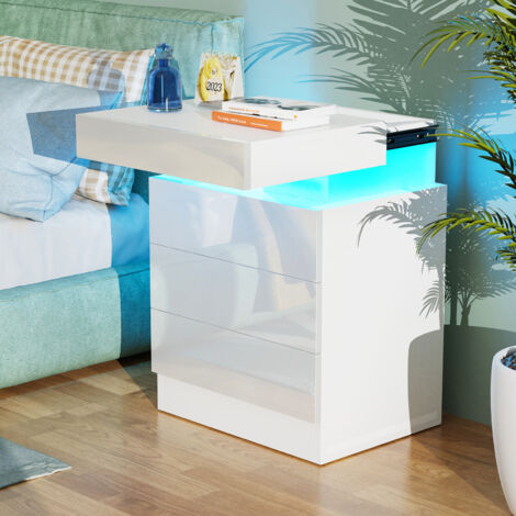 Table de Chevet LED avec 3 Tiroirs & Plateau Coulissant - 16 Coloris Personnalisables & Éclairage d'Ambiance, Panneau de Particules Résistant (45x35x62cm) - Design Multifonction Gain de Place pour Cha