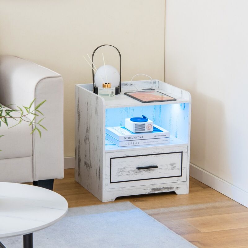 Table de Chevet Led Intelligente Port Usb Couleurs de Lumière et Luminosité Réglables Blanc CW88375