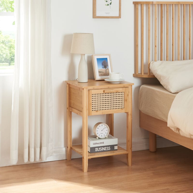 Table de chevet Leirfjord bambou 60 x 40 x 35 cm naturel aspect rotin [en.casa]