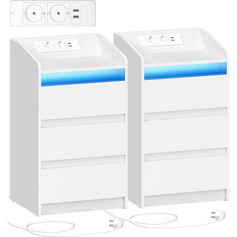 Table de Chevet Lot de 2 avec 3 Tiroirs, avec LED, 2 Ports USB