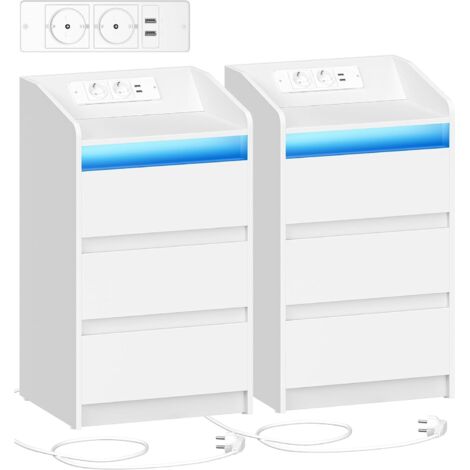 Table de Chevet Lot de 2 avec 3 Tiroirs, avec LED, 2 Ports USB