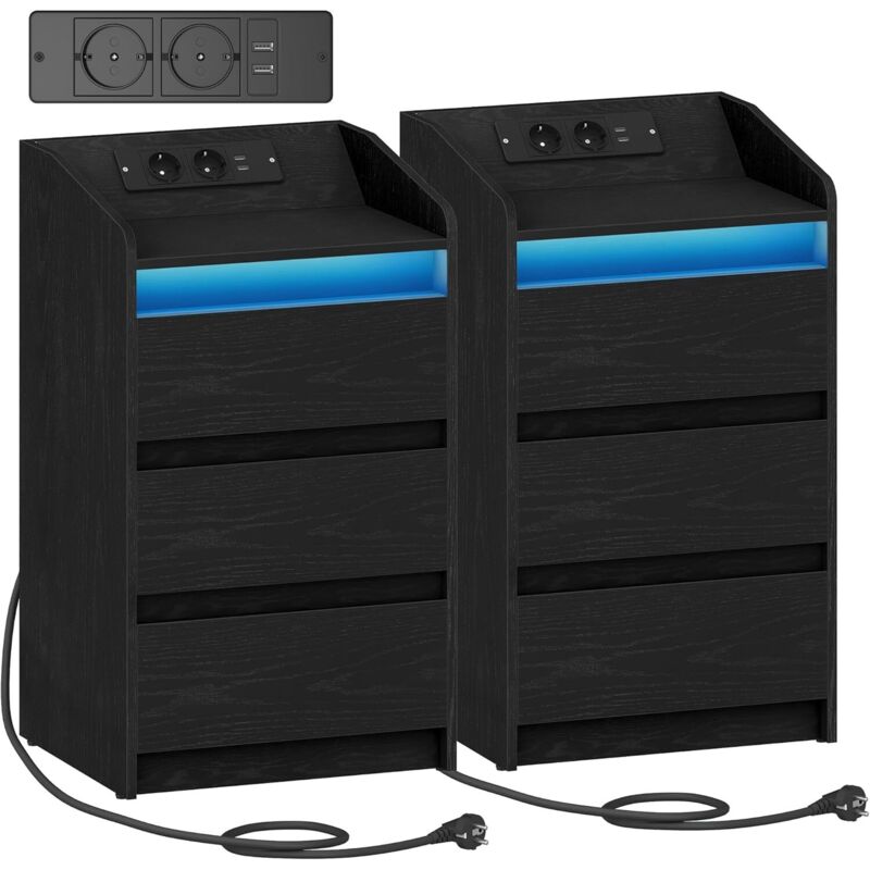 Table de Chevet Lot de 2 avec 3 Tiroirs, Station de Charge et LED